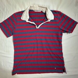 Vintage Tommy Hilfiger Women Medium Polo Shirt Rugby Red Blue Stripe Y2K Preppy